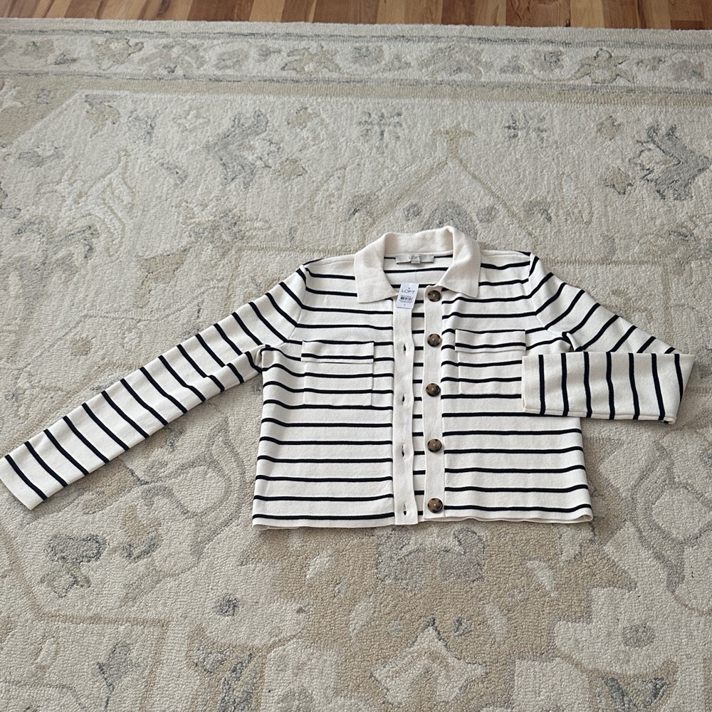 LOFT Women’s Button Down Sweater - Cream and Navy Stripes